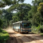 Ônibus em estrada na Amazônia relacionado a transporte de mercúrio em Rondônia