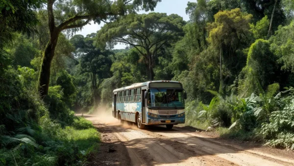 Ônibus em estrada na Amazônia relacionado a transporte de mercúrio em Rondônia