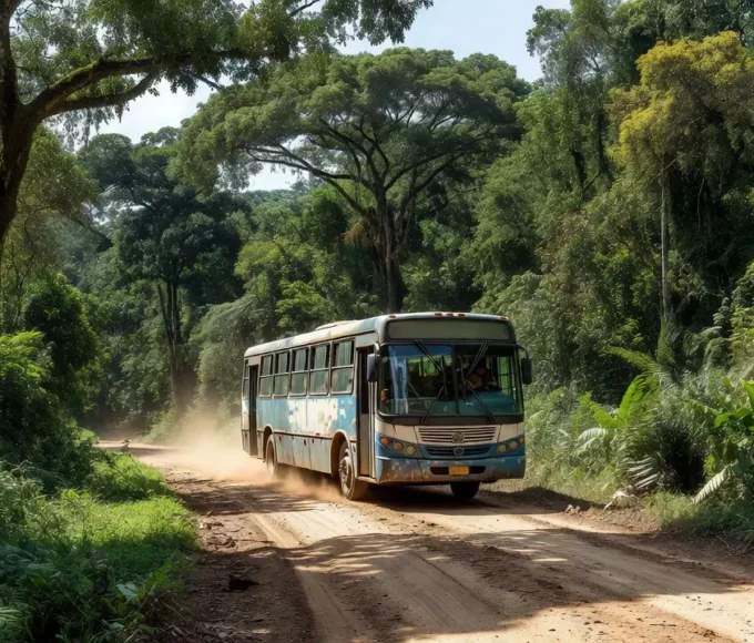 Ônibus em estrada na Amazônia relacionado a transporte de mercúrio em Rondônia