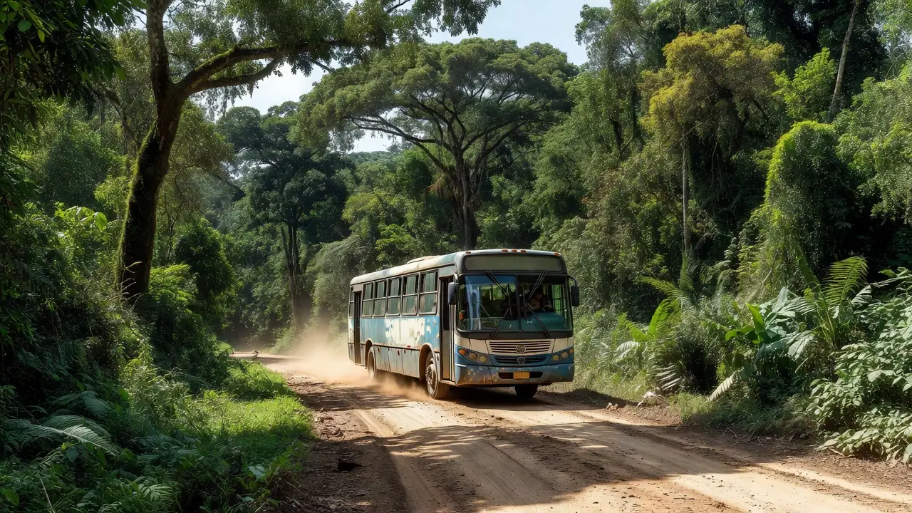 Ônibus em estrada na Amazônia relacionado a transporte de mercúrio em Rondônia