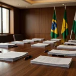 Mesa com documentos e bandeiras representando pacto da OAB-RO contra desinformação nas eleições