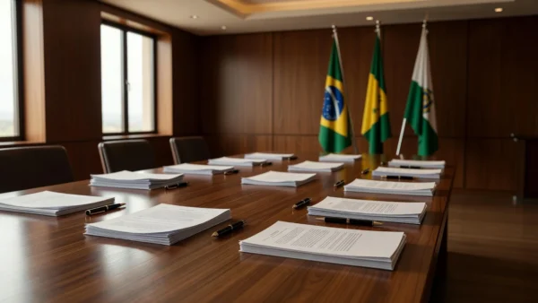 Mesa com documentos e bandeiras representando pacto da OAB-RO contra desinformação nas eleições