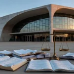 Fachada do STJ em Brasília com elementos de justiça sobre pensão alimentícia