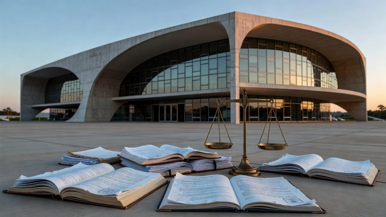 Fachada do STJ em Brasília com elementos de justiça sobre pensão alimentícia